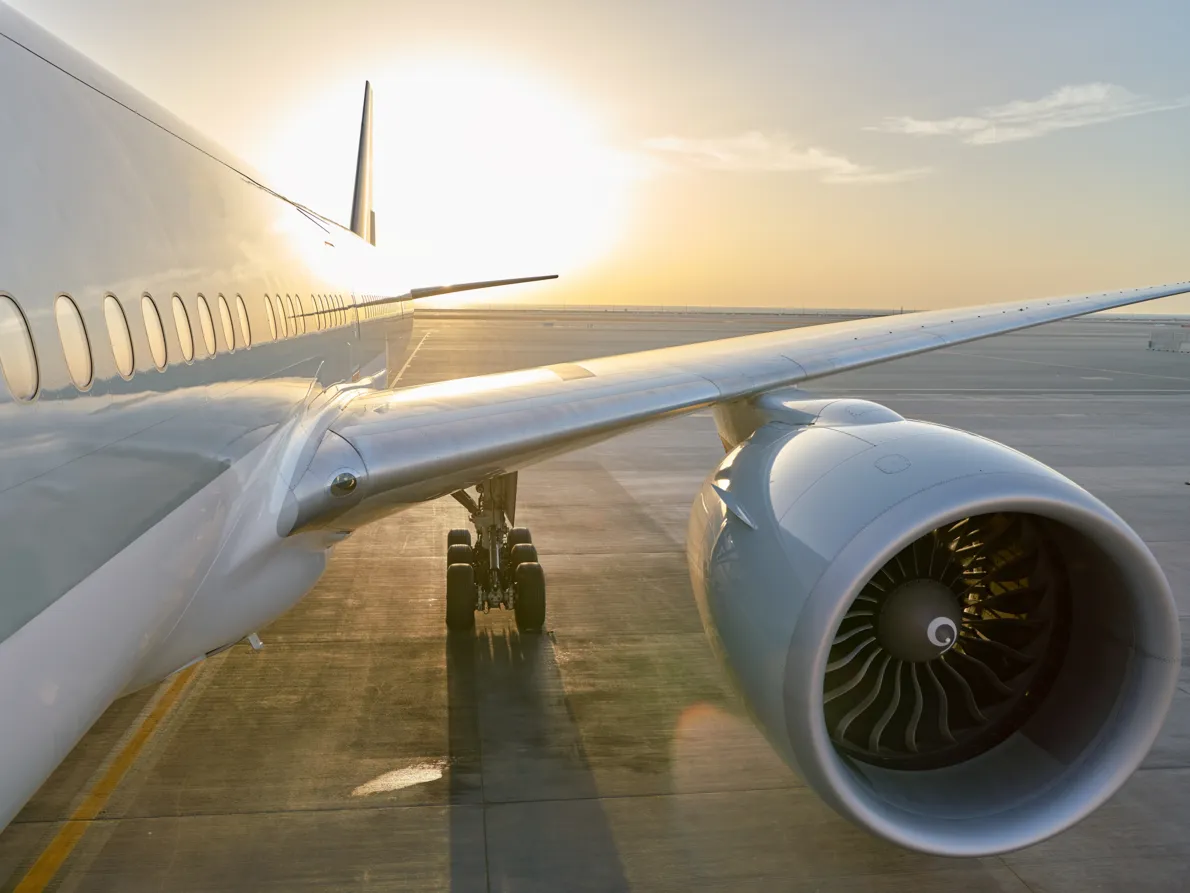 An aircraft with its engine in the foreground