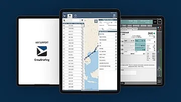 Three tablets displaying Guru2 app integration with PPS CrewBriefing app